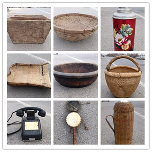 民俗老物件收藏怀旧杂项木叉脸盆收音机箩筐码头等古董老东西摆件