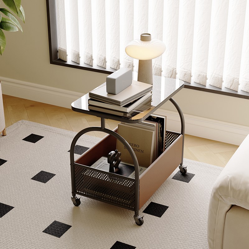 带轮可移动客厅沙发边几简约侘寂风小户型不占地小茶几玻璃小推车