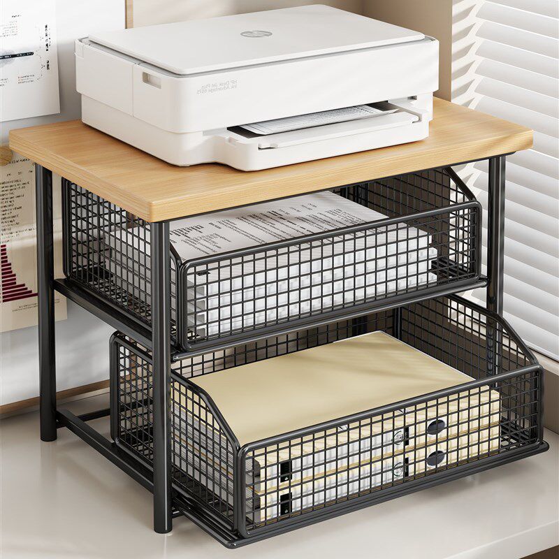 办公室打印机置物架桌面带u抽屉小型双层覆印机架子工位桌上收纳