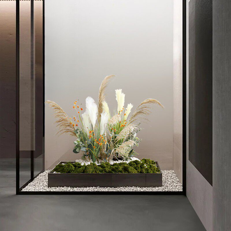 大型植物造景室内软装布置绿植芦苇景观样板间展柜楼梯角落假花草