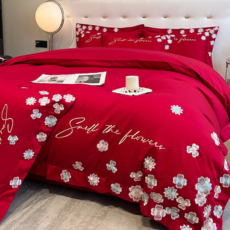 高级感大红色结婚四件套婚嫁喜被刺绣被套新婚庆床上用品备婚