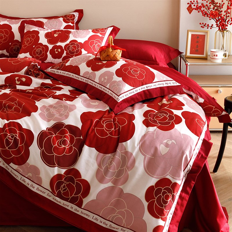 简约双面婚庆四件套全棉100s长绒棉刺绣结婚纯棉被套1.8m床上用品