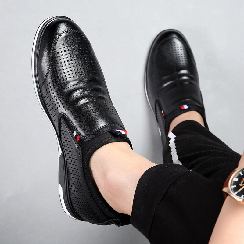皮鞋男夏季镂空透气商务休闲无鞋带男鞋白色内增高鞋子皮凉鞋