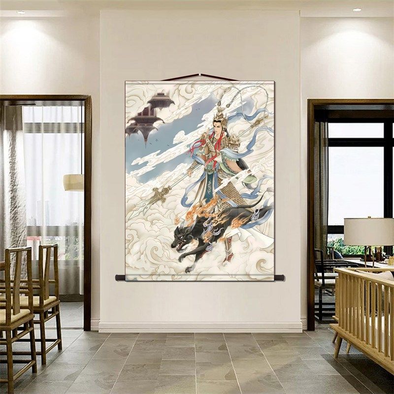 二郎真君杨戬画像挂画供奉装饰画玄关书房走廊背景墙装裱卷轴挂轴