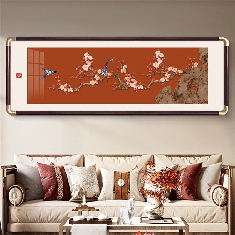 喜上枝头客厅装饰画新中式高级感沙发背景墙挂画横幅喜庆花鸟壁画