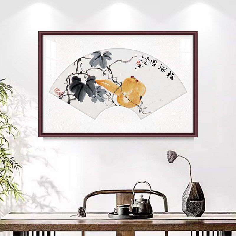 电表箱国画扇形画面装饰画福禄图遮挡免打孔实木餐厅壁画挂画
