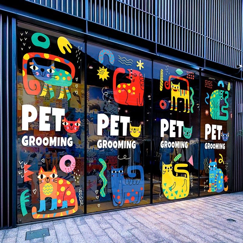 可爱猫咪插画装饰玻璃门贴纸宠物店猫咖橱窗布置静电无胶卡通贴画