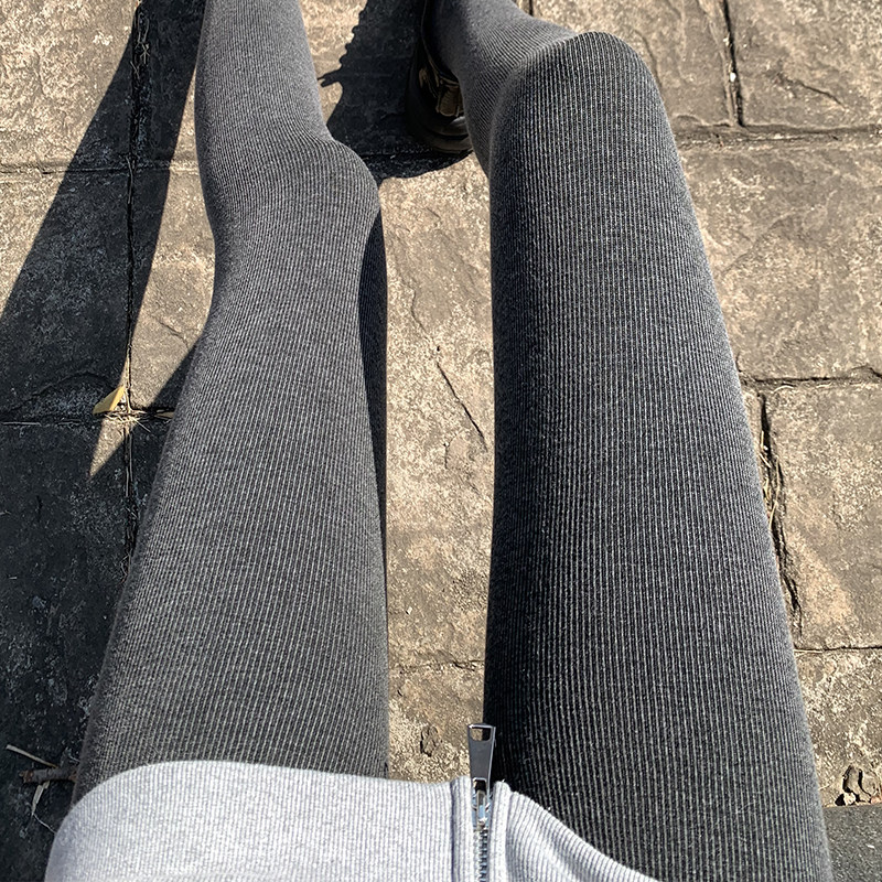 竖条纹灰色打底裤女外穿大码胖mm200斤不掉档秋冬加绒加厚连裤袜