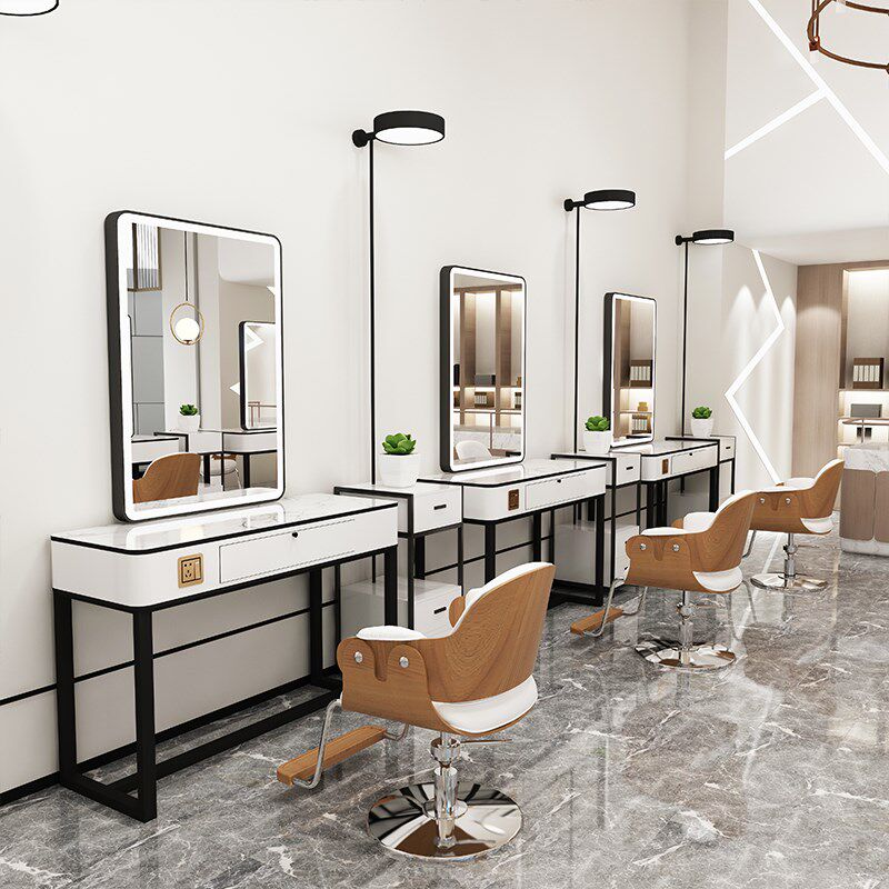 理发店镜台新款美发店理石台面染烫台发廊不锈钢带灯网红剪发镜