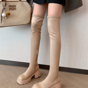6cm绒面长靴女2025新款厚底过C膝靴百搭弹力瘦瘦靴小个子长筒靴子