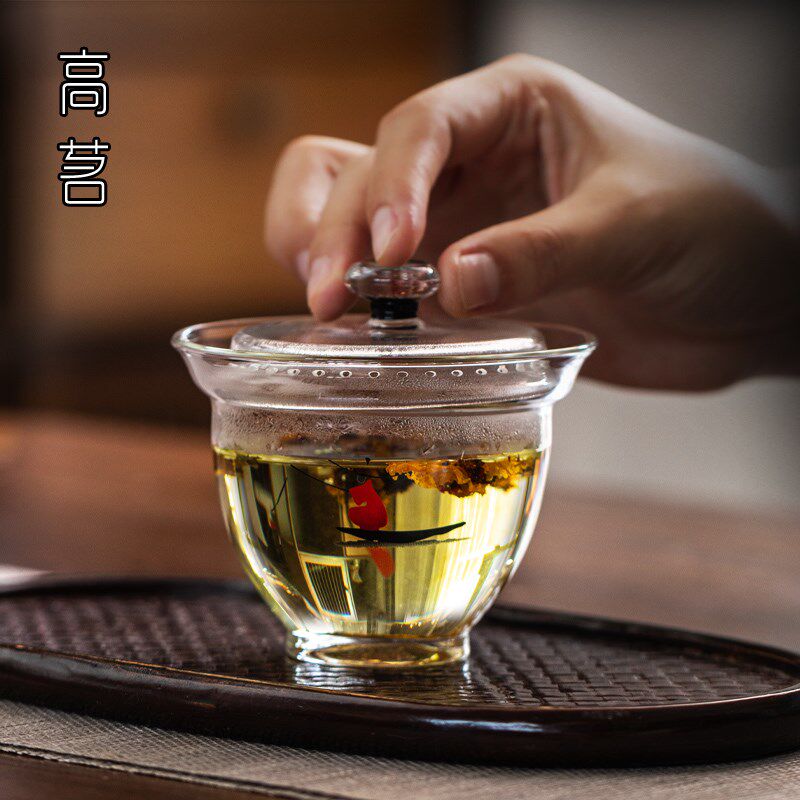 透明玻璃盖碗泡茶杯单个高端功夫茶碗G防烫二才手绘高脚斗笠手抓