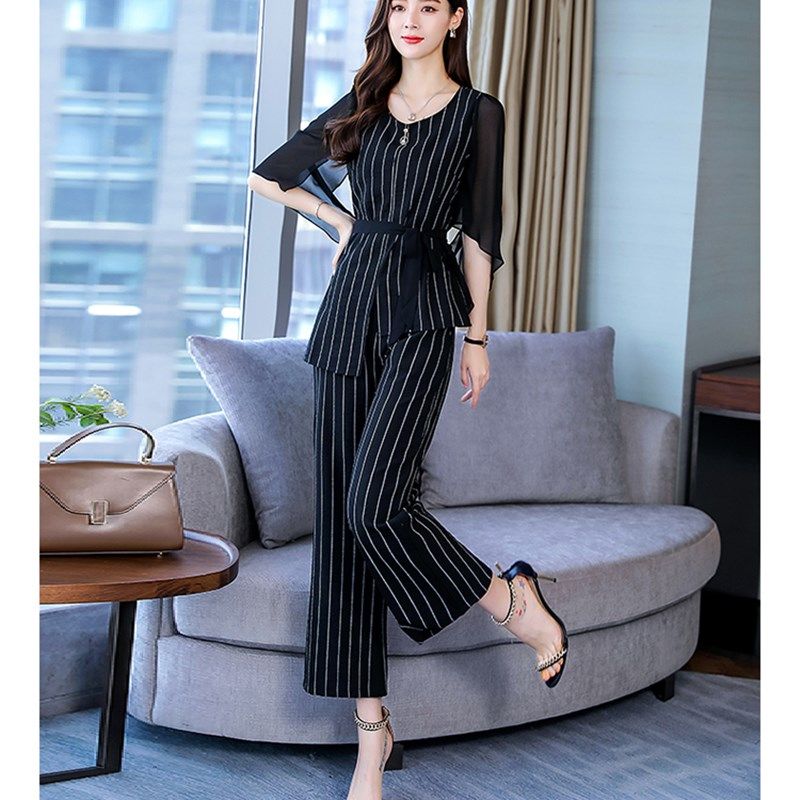 时尚阔腿裤两件套女夏季新款韩版收腰显瘦小个子洋气妈妈职业套装