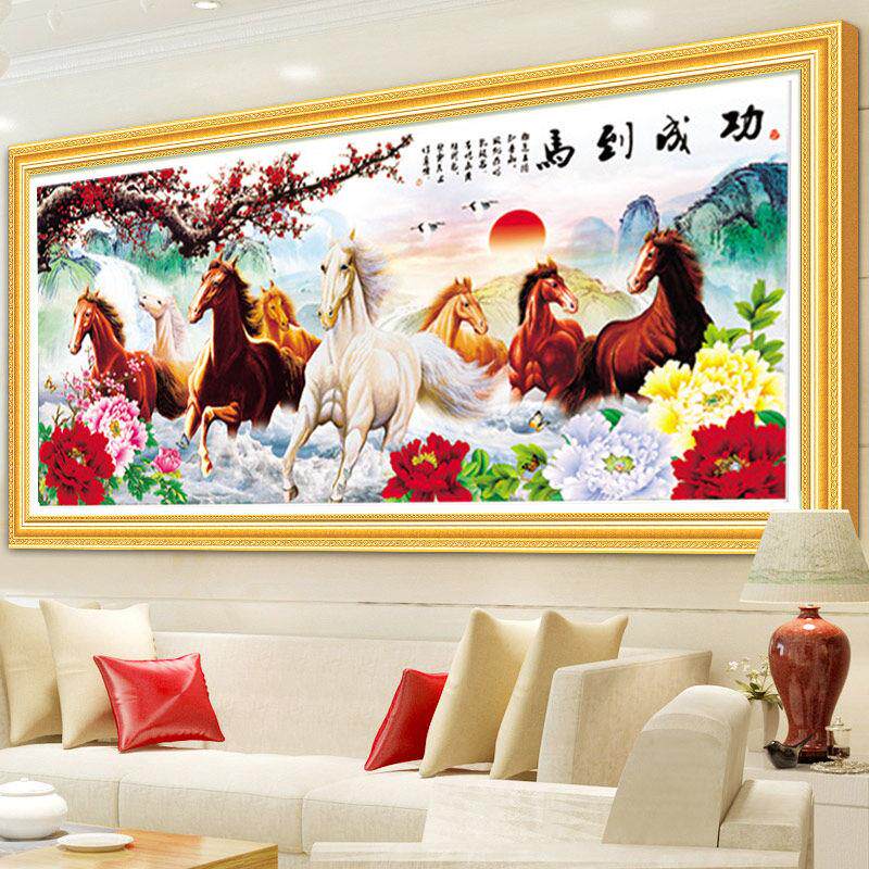 2025新线绣八匹马和八匹马图片十字绣成品机绣客厅马已绣成功出售