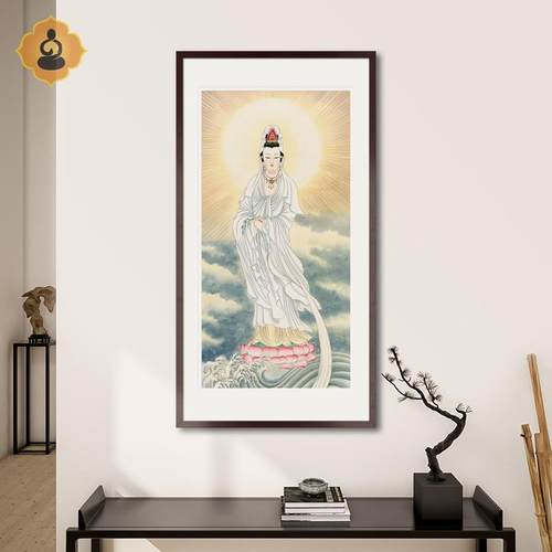 工笔人物国画南海白衣观音菩萨画像玄关书房中式卷轴挂画水晶摆台