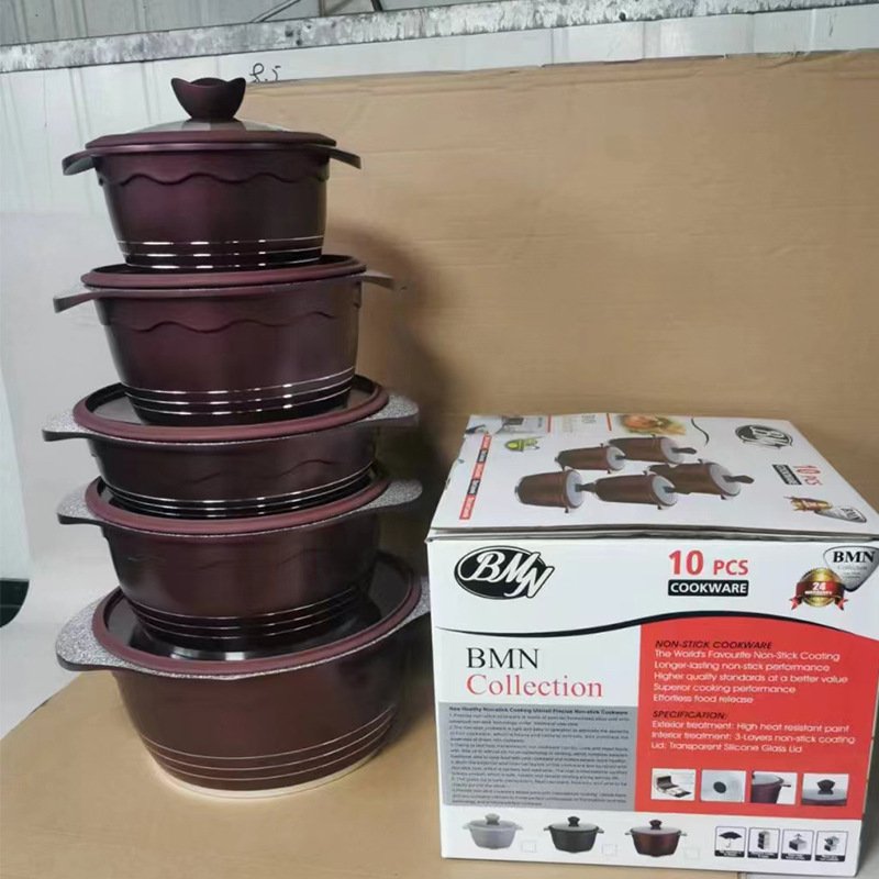BMN锅具套装10件套荷花款不粘锅麦饭石复底压铸锅套锅汤锅花岗岩
