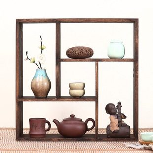 实木多宝格博古架茶叶架展示架客厅挂墙中式茶具架墙上置物架墙壁