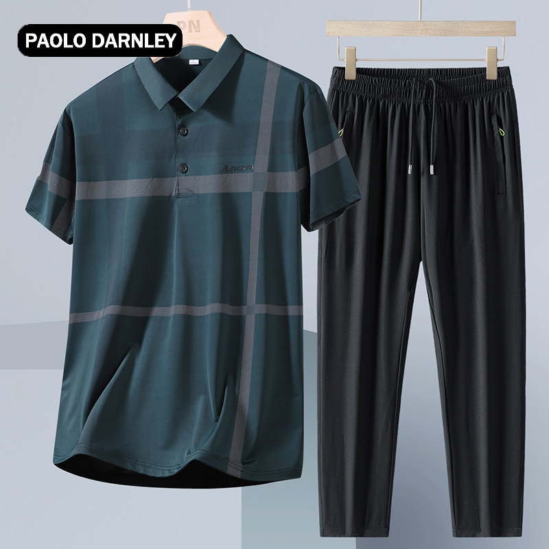PAOLO DARNLEY/保罗达恩利夏季POLO衫男短袖套装爸爸装冰丝长裤