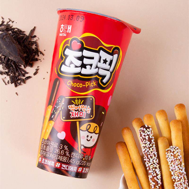 新货韩国进口海太巧克力拇指蘸酱饼干长条桶装蘸酱杯儿童小吃休闲