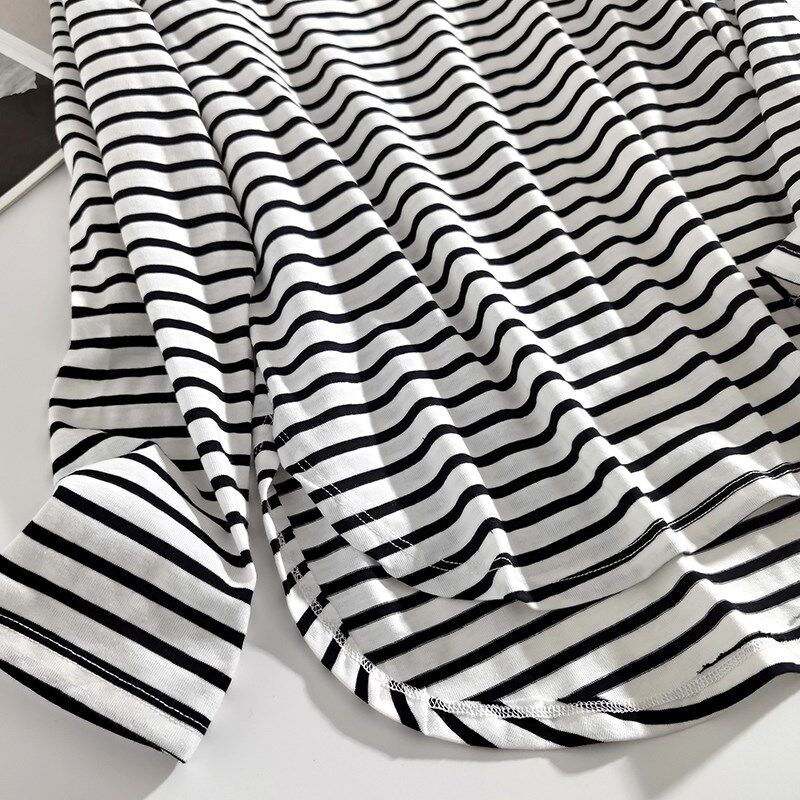 前短后长遮屁股条纹圆领长袖T恤女2025新款中长款百搭打底衫