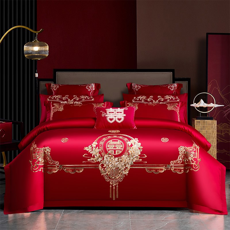 100支长绒棉婚庆四件套全棉刺绣纯棉大红色婚房喜庆结婚床上用品4