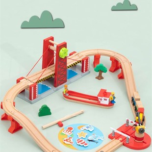 木质吊桥火车轨道套装磁性木制车3-5-7岁男女孩积木儿童玩具吊塔