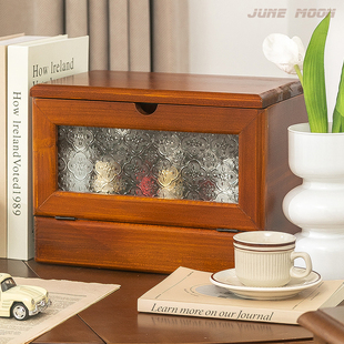 化妆品收纳盒面膜口红置物架桌面木质中古风大容量带镜梳妆盒防尘