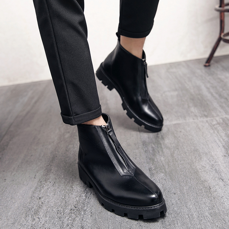 马丁靴男夏季新款皮靴高筒尖头皮鞋内增高拉炼靴子英伦发型师男鞋