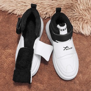 冬天无鞋带雪地靴加绒保暖运动休闲棉鞋男款白色高帮板鞋学生冬鞋