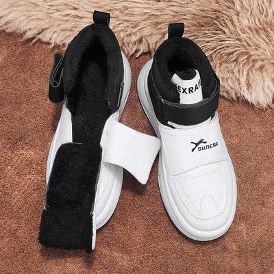 冬天无鞋带雪地靴加绒保暖运动休闲棉鞋男款白色高帮板鞋学生冬鞋