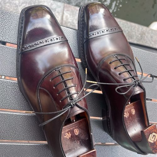 固伦三接头牛津款手工擦色咖色挪威缝皮底手工皮鞋男士商务正装