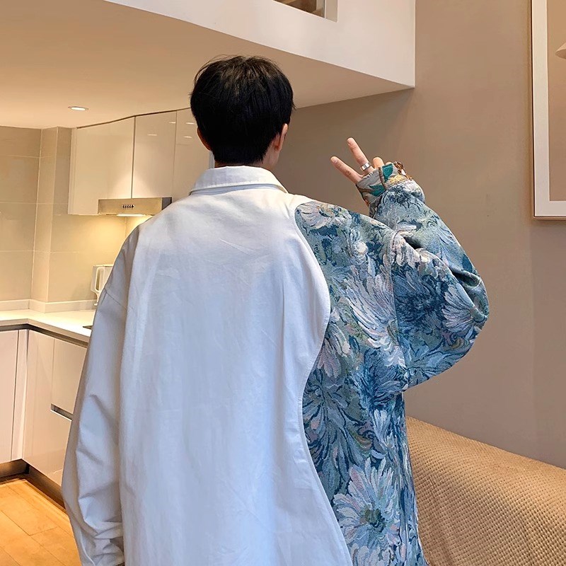 特大码300斤国潮撞色花衬衫男春季美式高街设计感民族风拼接衬衣2