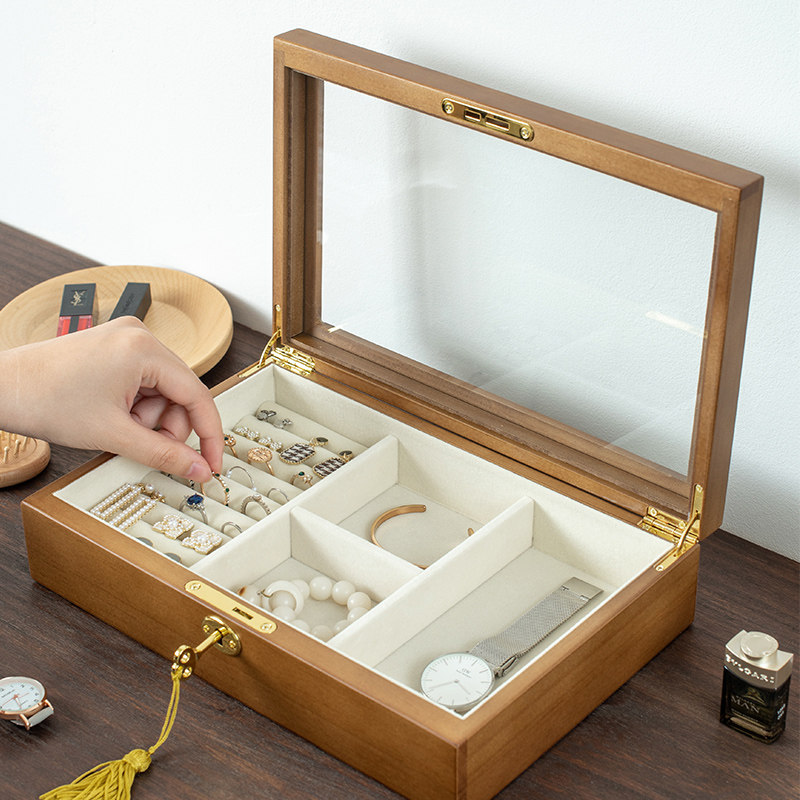 木质首饰盒透明玻璃盖p防尘分格收纳戒指手镯饰品展示盒带锁高档