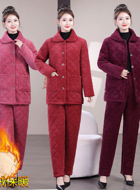 女士冬季加绒加厚棉衣棉裤两件加棉防寒保暖睡衣中老年家居服套装