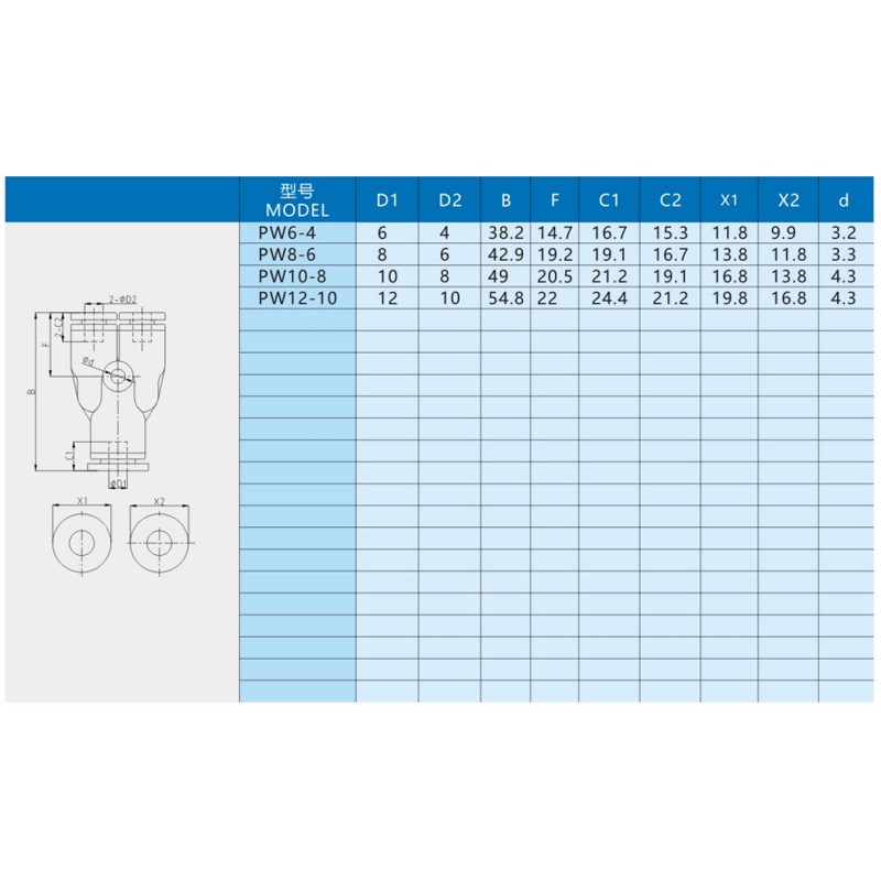气动接头PW6/8/10-4/6/8系列Y型减径三通插头PU气管快速快插接头