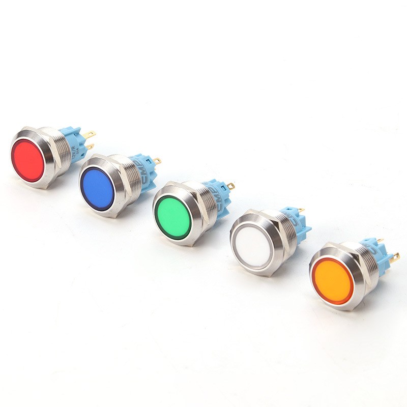22MM金属按钮开关平面无灯带灯1NO1NC塑料头部防水复位自锁开关