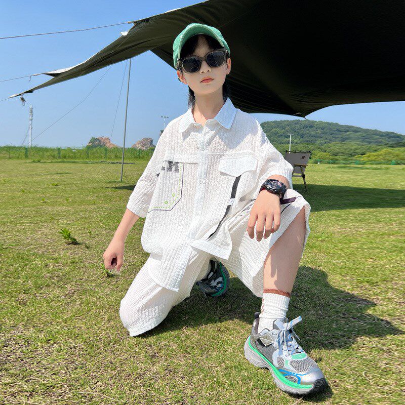 男童白色衬衫套装夏季2025新款潮儿童夏装男孩衬衣两件套帅气时髦