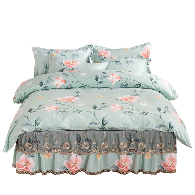 加厚磨毛全棉床裙四件套冬保暖床上用品被套蕾丝床套床罩1.8m