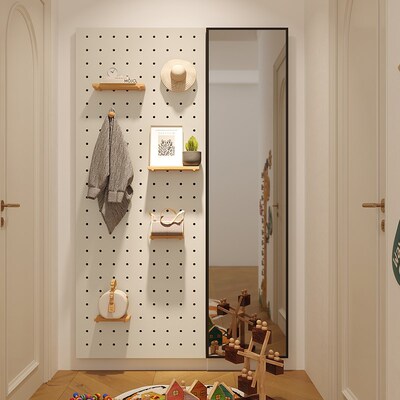实木洞洞板穿衣镜一体定制入户玄关客厅上墙置物收纳挂墙隔板墙面