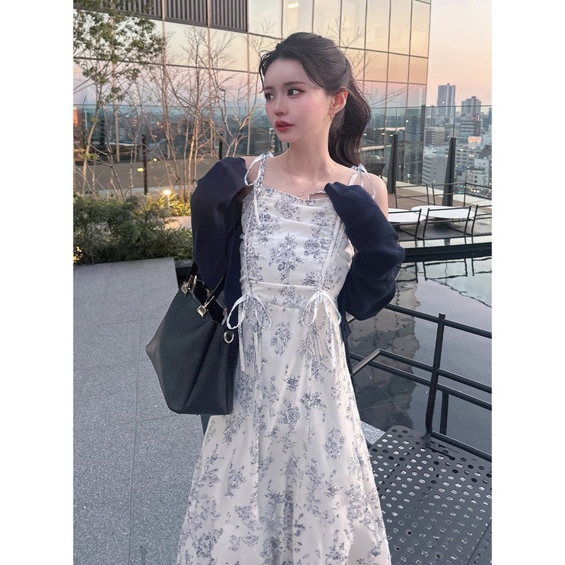 【日本代购】GRL女士碎花抽绳蝴蝶结可拆卸肩带长裙吊带连衣裙