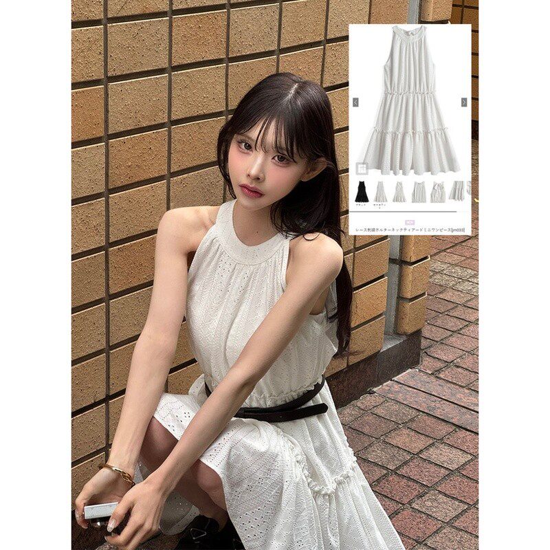 日本GRL蕾丝刺绣挂脖短裙分层下摆后背蝴蝶结温柔风显瘦连衣裙