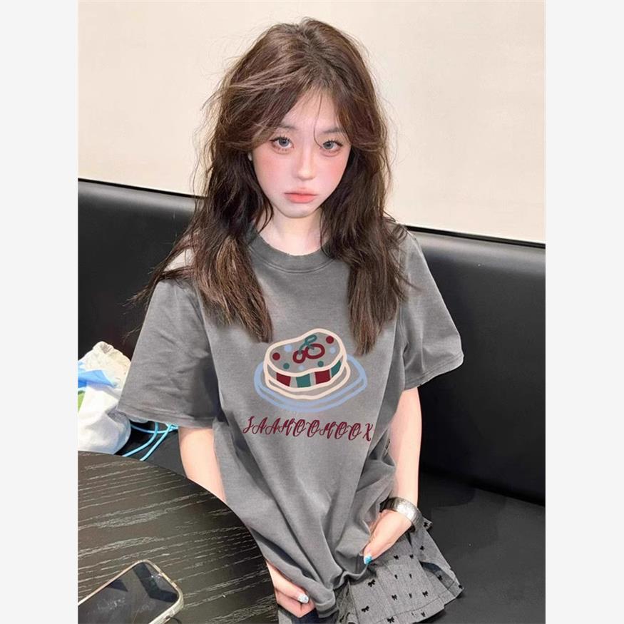 纯棉美式趣味蛋糕印花短袖T恤女2025新款夏季宽松显瘦设计感上衣