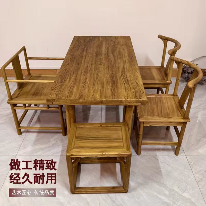 复古茶台老榆木茶桌实木餐桌椅组合民宿阳台小型一体两用长条书桌