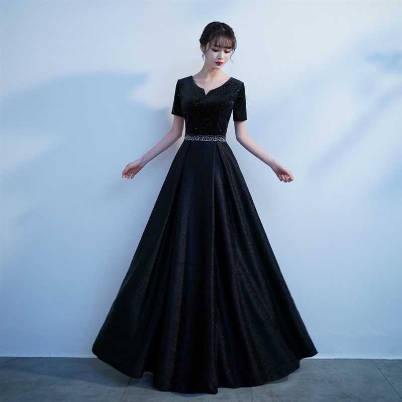黑色晚礼服裙女气质宴会演出大合唱演G出服指挥主持人连衣裙长裙
