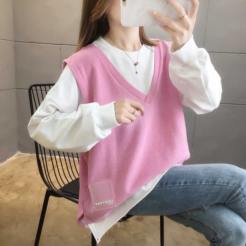 2021年春秋新款薄款假两件卫衣z女纯色大码女装胖mm宽松休闲上衣