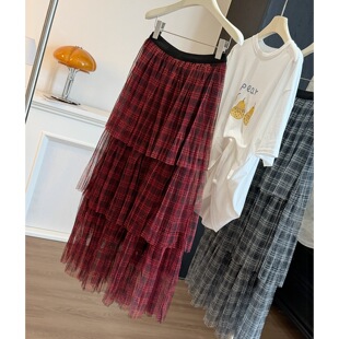 复古高腰显瘦宽松A字蛋糕裙子 时尚 格子网纱半身裙女夏季 2026新款
