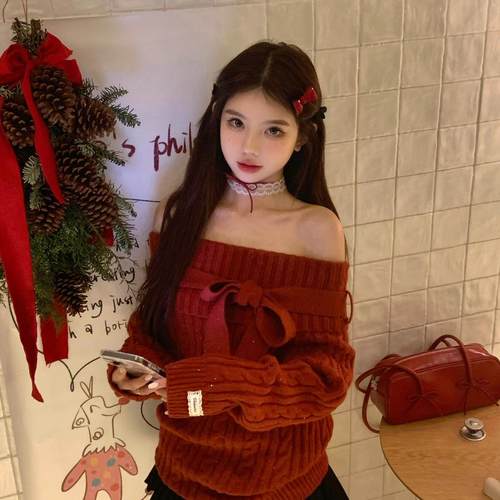 新年红一字肩麻花宽松毛衣女