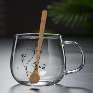 加厚耐热玻璃杯子家用大号牛奶泡麦片早餐杯带勺带把水杯透明茶杯