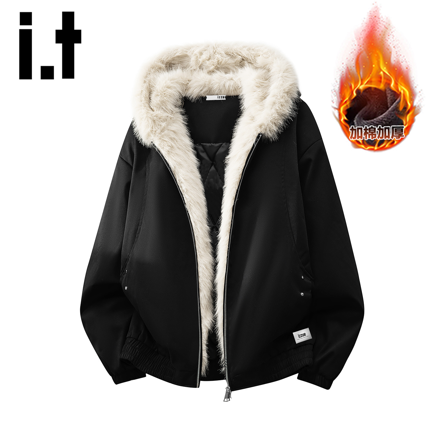 官方座山雕黑色连帽棉服外套男士