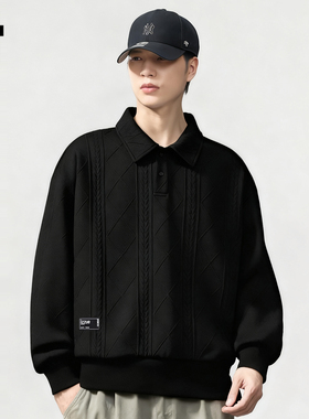 it izzue重磅420g空气层提花翻领卫衣男春秋款POLO领半开襟黑色3P