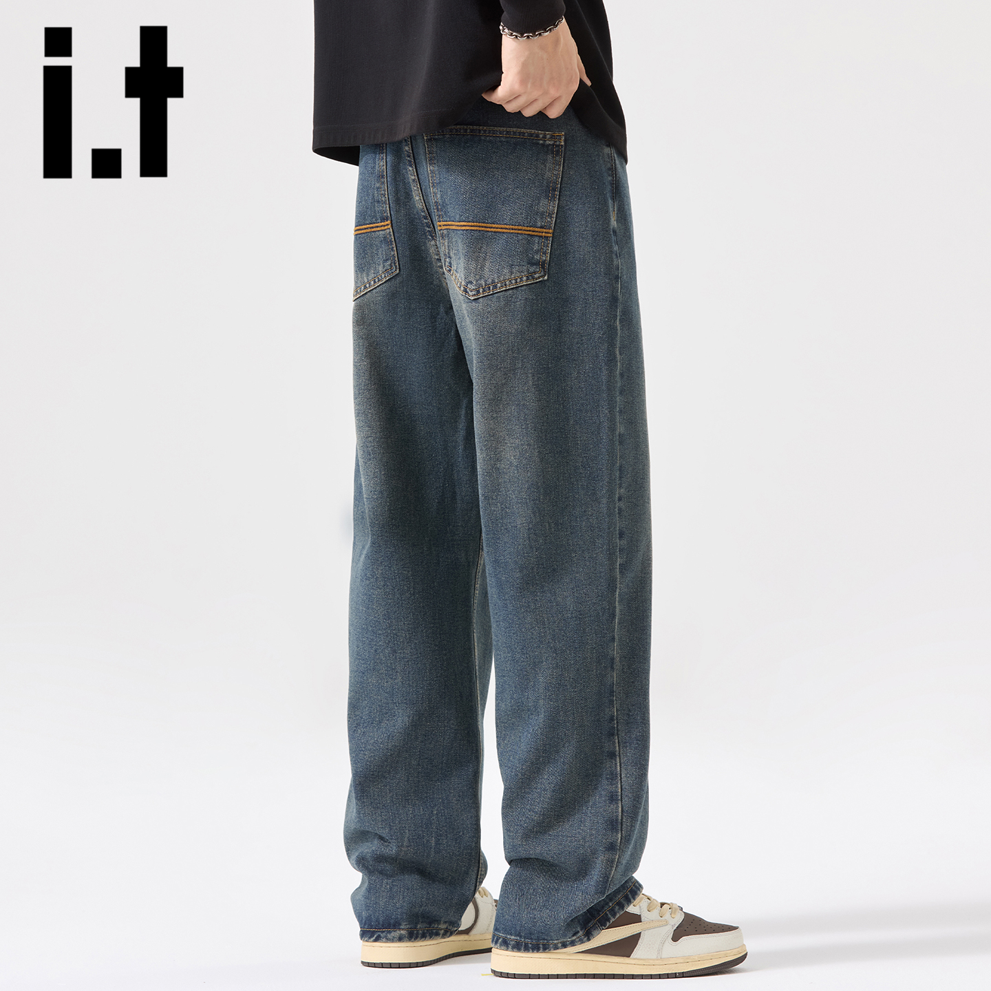 itizzue复古蓝直筒牛仔裤男秋冬